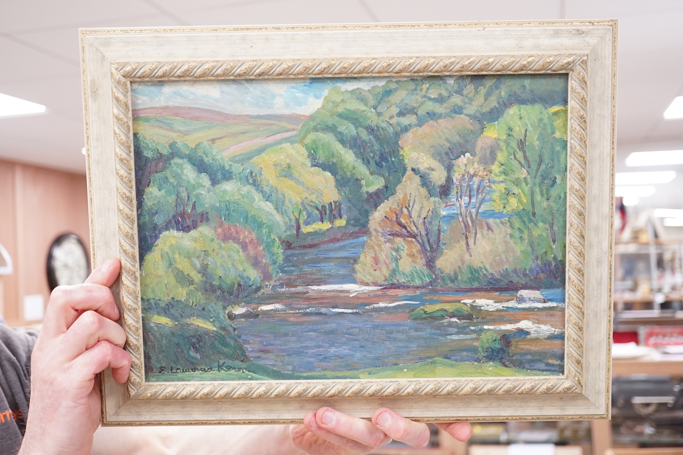 Elizabeth Lamorna Kerr (1905-1990), oil on board, Wooded river landscape, signed, 24 x 34cm